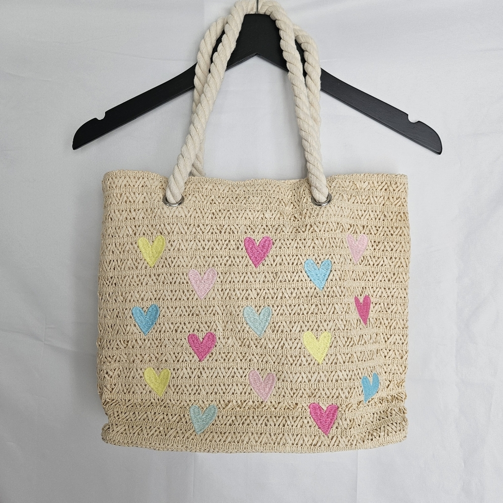 Cat & Jack Heart Patterned Woven Tote Bag Embroidered Hearts